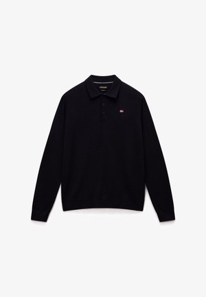 Svart långärmad polo-tröja i mjukt tyg, med klassisk krage, treknapplåsning och en liten emblem på vänster bröst.