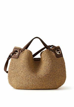 Sac à main en paille tressée de forme arrondie, anses en cuir marron, bandoulière, détails métalliques dorés et étiquette de la marque Borbonese au centre.