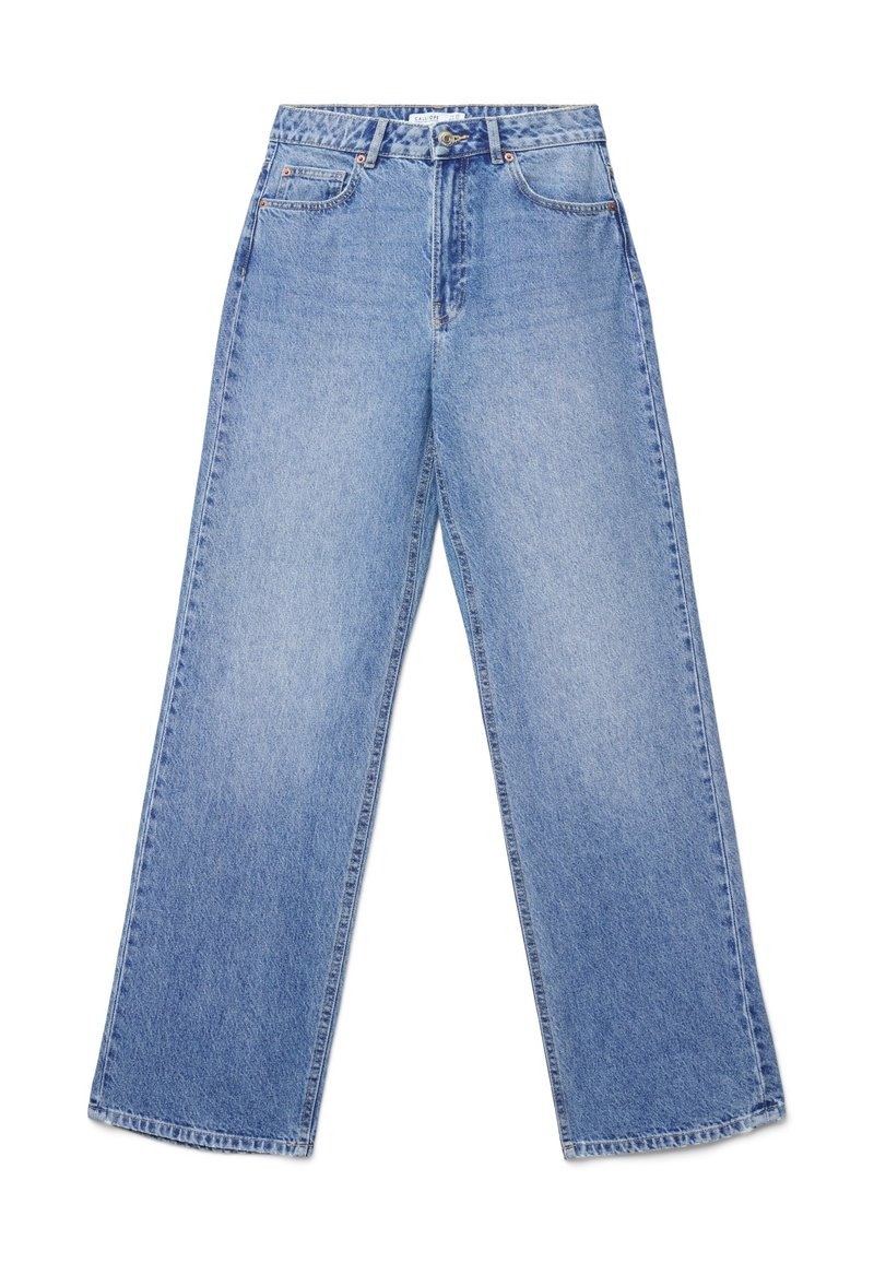 Jeans a gamba larga color azzurro chiaro in denim; presenta cinque tasche, chiusura con bottone e dettagli cuciti lungo la vita e l'orlo.