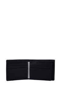 Portafoglio in pelle nera, design bifold, con vari scomparti per carte e un comparto centrale per banconote o monete. Texture liscia, senza decorazioni.