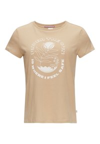 Beige cotton t-shirt with a round neckline, short sleeves, and a white plant graphic. Text reads "Under the Sun is Where I Feel Safe."