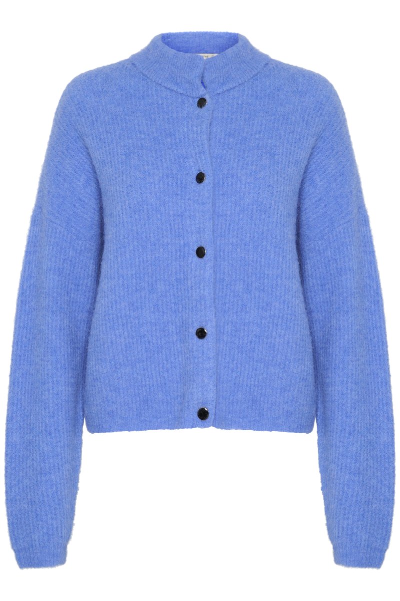 Blaues, geripptes Strickcardigan mit rundem Kragen, Knopfverschluss vorne und langen Ärmeln. Hergestellt aus weichem, strukturiertem Material.