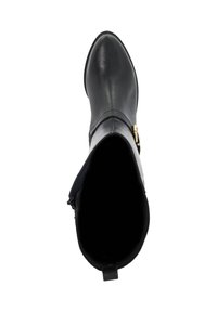 Black leather ankle boot with a pointed toe, smooth texture, side zipper, and gold-tone hardware accents. Interior is black.