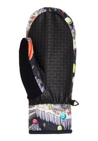 Bunte Kinderhandschuhe mit einem Weltraum-Muster, ausgestattet mit einer schwarzen strukturierten Handfläche und einem weichen, elastischen Handgelenkabschluß.