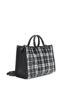 Borsa a spalla bianco e nero con motivo in tweed texture e paillettes. Accenti in pelle nera liscia e doppi manici per il trasporto.