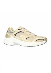 Beige Sportschuh mit einem strukturierten Mesh-Obermaterial, schwarzen Akzenten und einer gepolsterten weißen Sohle. Verfügt über einen Schnürverschluss und eine verstärkte Ferse.