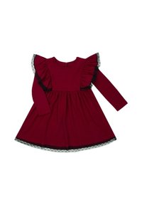 Czerwona sukienka z długimi rękawami, falbanami na ramionach i czarnymi koronkowymi akcentami przy dekolcie i na dole. Miękki, elastyczny materiał, rozkloszowany kształt spódnicy.