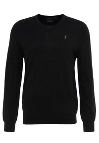 Black v-neck sweater made from a soft material, featuring long sleeves and a small embroidered logo on the left chest.