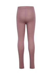 Leggings van zachte mauve stof met een gladde textuur, voorzien van een elastische tailleband en een aansluitende pasvorm, ontworpen voor comfort en flexibiliteit.