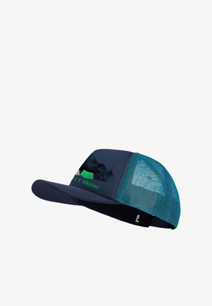 Casquette trucker en maille bleu marine et sarcelle avec graphique de montagne et de tente, et texte "Nature's Nomads" sur le panneau avant.