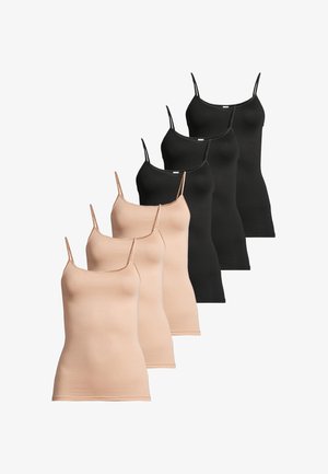 Six débardeurs spaghetti bretelles pour femmes en beige et noir, disposés en deux rangées diagonales sur fond blanc.