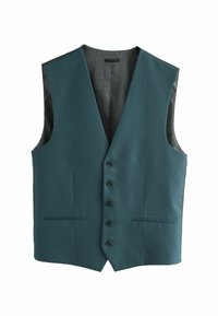 Türkisfarbener Weste aus strukturiertem Stoff, mit V-Ausschnitt, fünf Knöpfen und zwei frontalen Taschen. Das Innere hat ein gemustertes Futter.