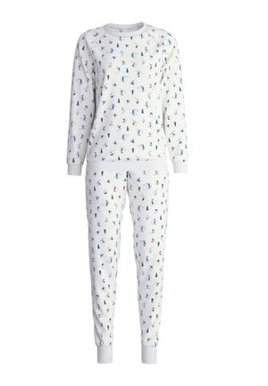 Completo pigiama bianco con maniche lunghe e pantaloni, caratterizzato da motivi invernali colorati con sciatori, alberi e pupazzi di neve. Tessuto morbido e polsini a coste.
