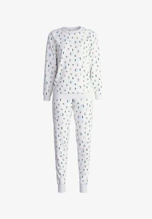 White pajama set with long sleeves and pants, featuring colorful winter-themed patterns of skiers, trees, and snowmen. Soft fabric and ribbed cuffs.