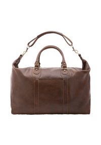 Bruine leren sporttas met dubbele handvatten en een verstelbare schouderriem. Voorzien van zichtbare stiksels en een vo pocket.