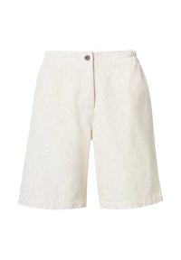 Světlobéžové šortky vyrobené z bavlny, s vertikálními pruhy, s knoflíkovým zapínáním a bočními kapsami. Hladká textura a přizpůsobený střih.