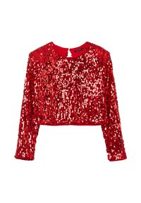 Top corto rosso con paillettes, maniche lunghe, scollo rotondo e dettaglio a occhiello sulla parte posteriore. Il materiale è lucido e riflettente, con una copertura completamente in paillettes.