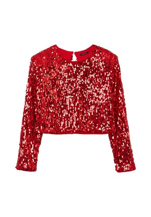 Haut court en sequins rouges avec des manches longues, un col rond et un détail de dos en trou de serrure. Le matériau est brillant et réfléchissant, présentant un design entièrement en sequins.