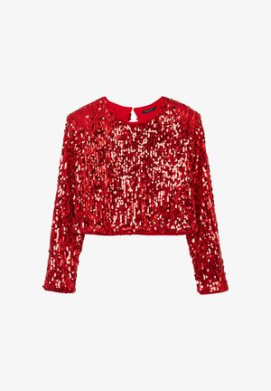 Haut court en sequins rouges avec des manches longues, un col rond et un détail de dos en trou de serrure. Le matériau est brillant et réfléchissant, présentant un design entièrement en sequins.
