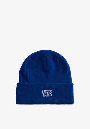Niebieska dzianinowa czapka z podwiniętym mankietem i białym haftowanym logo Vans na środku z przodu.