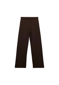 Bruna vida byxor i mjukt tyg, med en slät midja och minimalistisk design utan mönster eller ytterligare detaljer.