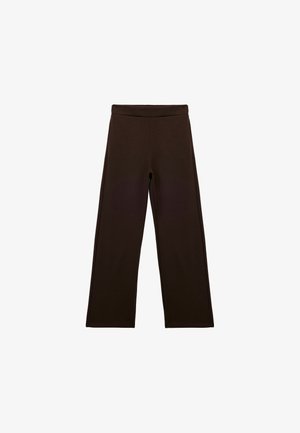 Brune brede bukser lavet af blødt stof, med en glat talje og minimalistisk design uden mønstre eller yderligere detaljer.