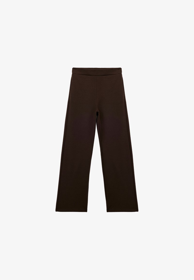 Bruna vida byxor i mjukt tyg, med en slät midja och minimalistisk design utan mönster eller ytterligare detaljer.