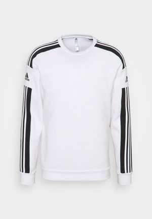 Sweatshirt blanc à manches longues, avec des rayures latérales noires, des poignets côtelés et un col rond. Étiquette Adidas présente sur les bras.