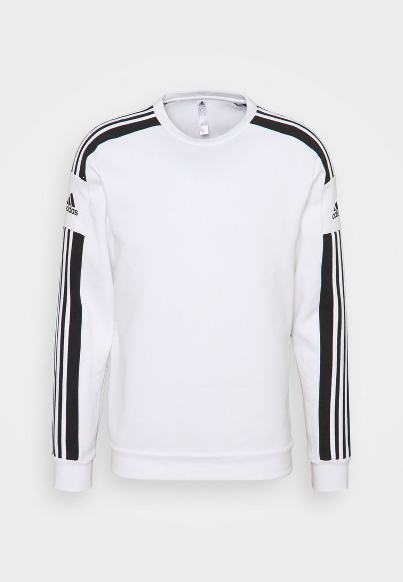 Sudadera blanca de manga larga, con franjas laterales negras, puños acanalados y cuello redondo. Presenta el logotipo de Adidas en las mangas.