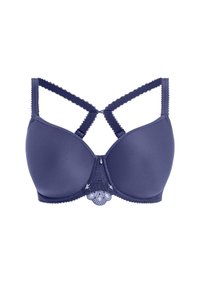 Fialová podprsenka s kosticemi, hladkými košíčky, krajkovými akcenty uprostřed a nastavovacími křížovými ramínky. Má vykrajované okraje a zapínání na háček.