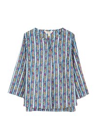 Blusa stampata con scollo a V, maniche lunghe, con un motivo a righe blu e bianche, e motivi floreali in rosa, giallo e verde.