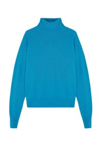 Türkiser Rollkragenpullover mit langen Ärmeln, aus weichem Strickmaterial hergestellt. Verfügt über einen taillierten Kragen und einen gerippten Saum.