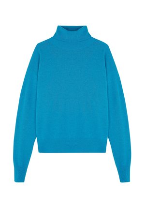 Türkiser Rollkragenpullover mit langen Ärmeln, aus weichem Strickmaterial hergestellt. Verfügt über einen taillierten Kragen und einen gerippten Saum.