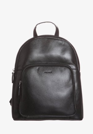 Sac à dos en cuir noir avec une forme arrondie, poche zippée à l'avant, surface texturée et poignée supérieure pour le transport.