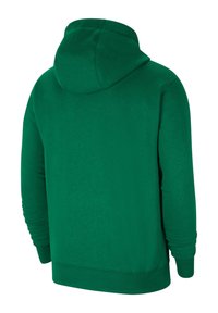 Grüne Kapuzenjacke mit weichem Material, langen Ärmeln sowie gerippten Bündchen und Saum. Die Rückseite ist glatt und weist keine zusätzlichen Details auf.