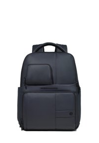 Sac à dos bleu foncé au design élégant, avec plusieurs poches zippées, un dos rembourré et des bretelles réglables. Fabriqué en matériau synthétique lisse.