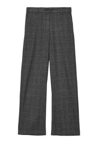 Pantaloni a gamba larga realizzati in tessuto checkered nero e grigio testurizzato. Presentano una chiusura con bottone e una vestibilità comoda. Nessuna tasca visibile.