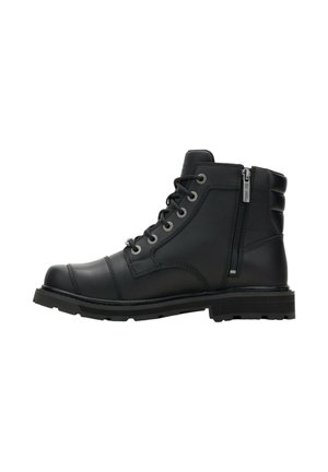 Black leather ankle boot with lace-up front, side zipper, padded collar, and thick lug sole shown from the outer side.