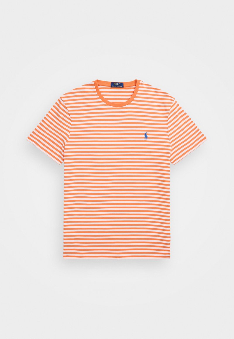 T-shirt a righe arancioni e bianche con maniche corte, scollatura rotonda e un piccolo logo blu nella zona sinistra del petto. Materiale cotone.