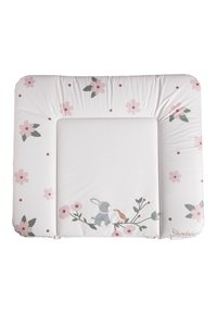 Soft white changing mat with pink flowers and green leaves. Features a central illustration of a rabbit and bird. Rounded edges, machine washable.