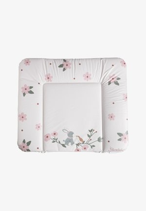 Soft white changing mat with pink flowers and green leaves. Features a central illustration of a rabbit and bird. Rounded edges, machine washable.