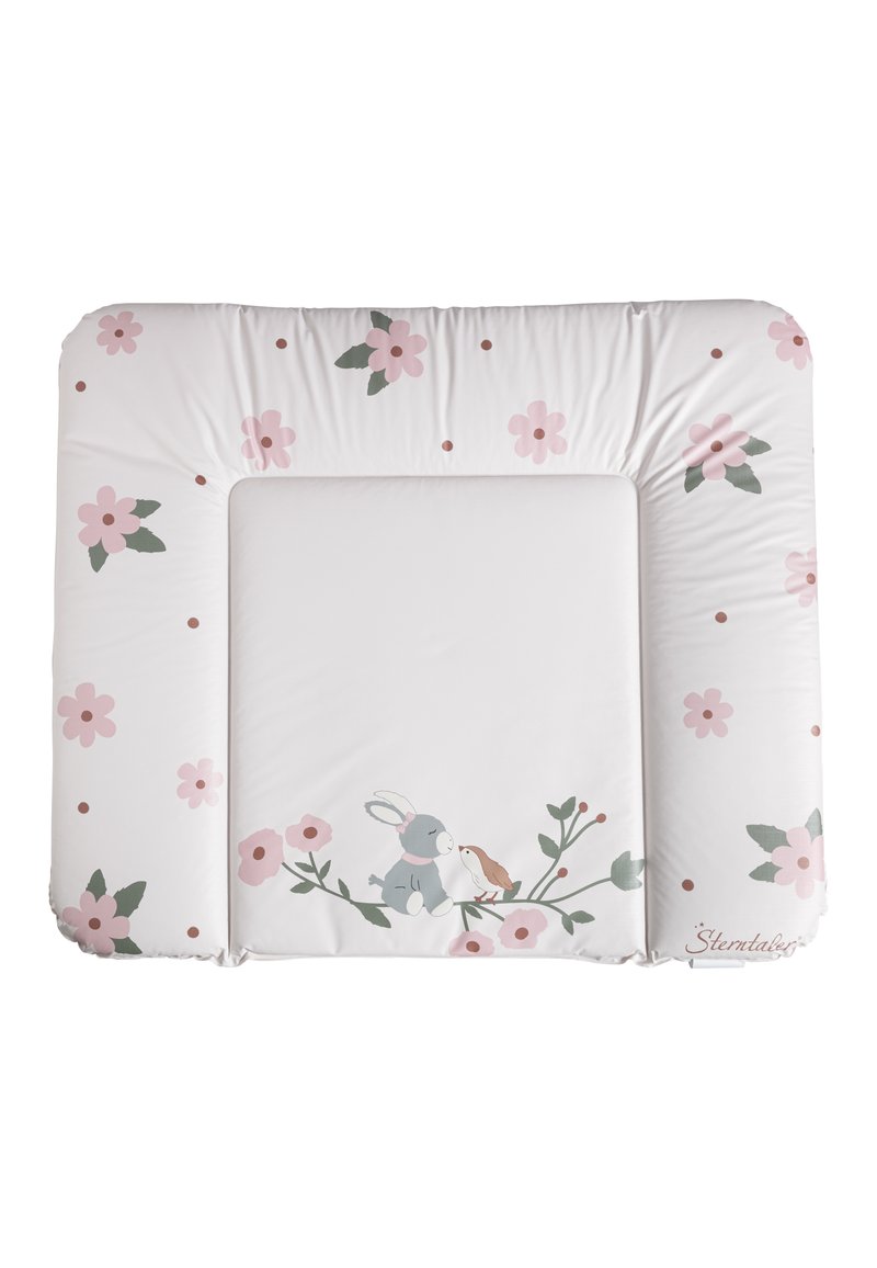 Soft white changing mat with pink flowers and green leaves. Features a central illustration of a rabbit and bird. Rounded edges, machine washable.