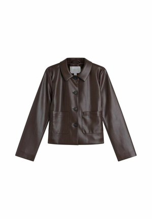 Bruine leren cropped jas met een kraag, lange mouwen en een knoopsluiting aan de voorkant. Voorzien van twee voorzakken.