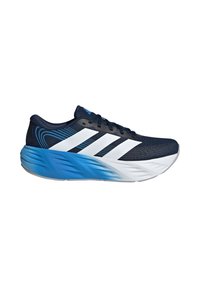 Navy blue running shoe with white stripes, cushioned gradient blue-to-white sole, and black laces on a white background.