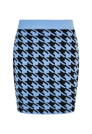 Mini spódniczka z niebiesko-czarnym wzorem pepitki oraz szerokim, jasnoniebieskim prążkowanym pasem na białym tle.