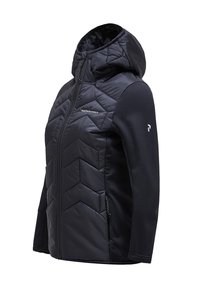 Black jacket with a hood featuring a quilted design, accented with a smooth material on the sleeves and a central zipper.