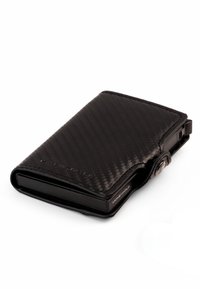Black wallet made of textured leather with a sleek rectangular shape. Features a snap closure and a minimalist design with brand details.
