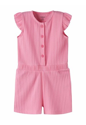 Combinaison courte rose côtelée sans manches avec épaules à volants, boutons devant et taille élastique, conçue pour les petites filles.
