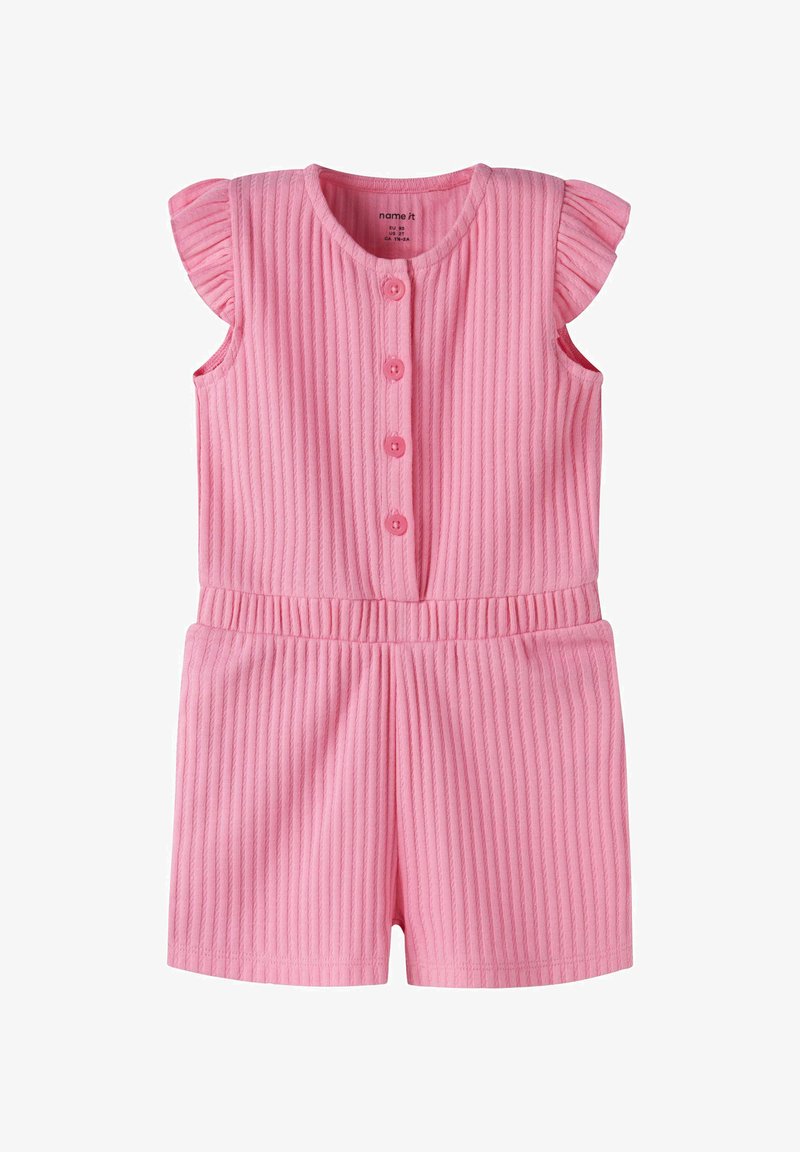 Combinaison courte rose côtelée sans manches avec épaules à volants, boutons devant et taille élastique, conçue pour les petites filles.