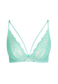Bralette de encaje verde menta con un escote pronunciado, tirantes ajustables y un detalle decorativo en el centro. Patrón floral suave en toda la prenda.